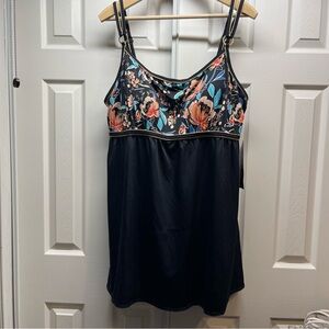 Avenue Women’s Black Floral One-piece Swim Dress Tummy Control Size 30W